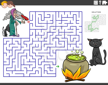 Cartoon illustration of educational maze puzzle game for children with witch and her cauldron and black cat fantasy characters
