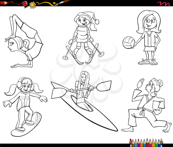 Black and white cartoon illustration of girls or women characters and sports disciplines set coloring book page