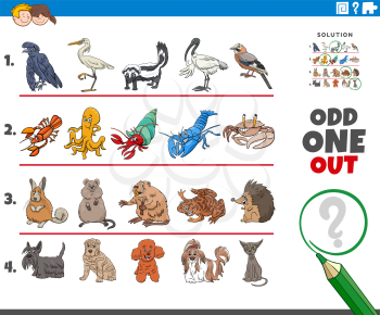 Cartoon illustration of odd one out picture in a row educational task for elementary age or preschool children with comic animal characters