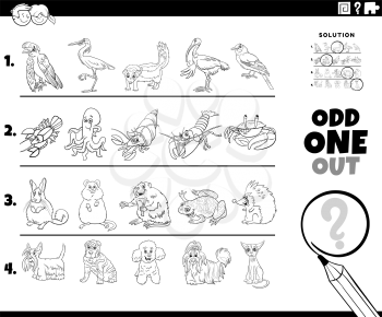 Black and white cartoon illustration of odd one out picture in a row educational task for elementary age or preschool children with comic animal characters coloring book page