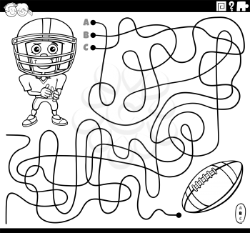 Black and white cartoon illustration of lines maze puzzle game with football player character and ball coloring book page