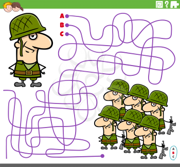 Cartoon illustration of lines maze puzzle game with soldier character and army