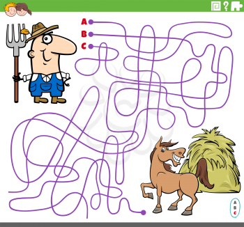 Cartoon illustration of lines maze puzzle game with farmer character and horse with haystack