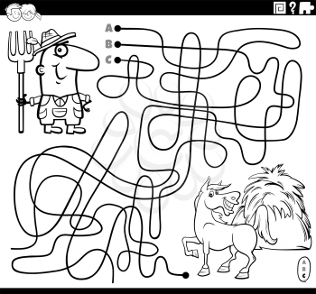 Black and white cartoon illustration of lines maze puzzle game with farmer character and horse with haystack coloring book page