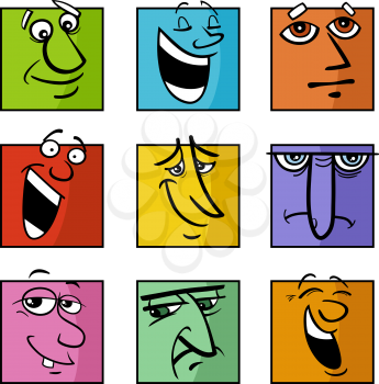 Cartoon illustration of funny comics faces or emoticons colorful set
