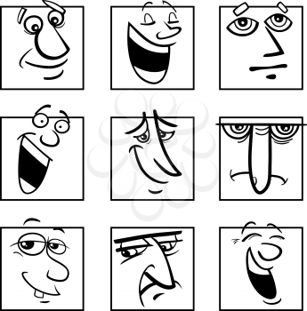 Black and white cartoon illustration of funny comics faces or emoticons colorful set