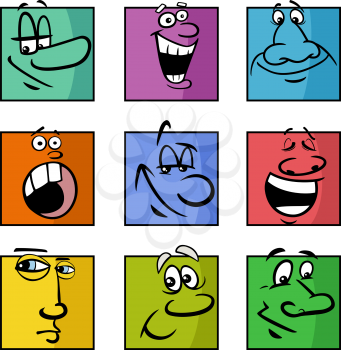 Cartoon illustration of funny comics faces or emotions colorful set