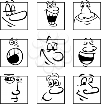 Black and white cartoon illustration of funny comics faces or emotions colorful set
