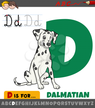 Educational cartoon illustration of letter D from alphabet with dalmatian purebred dog animal character