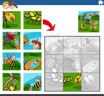 Cartoon illustration of educational jigsaw puzzle game for children with insects animal characters