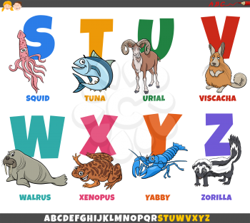 Cartoon illustration of educational colorful alphabet set from letter S to Z with comic animal characters