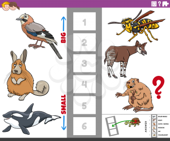 Cartoon illustration of educational game of finding the biggest and the smallest animal species with comic characters for kids