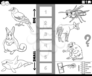 Black and white cartoon illustration of educational game of finding the biggest and the smallest animal species with comic characters for kids coloring book page