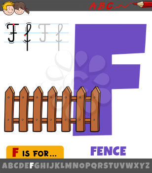 Educational cartoon illustration of letter F from alphabet with fence object