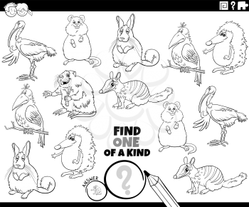 Black and white cartoon illustration of find one of a kind picture educational game with funny animal characters coloring book page