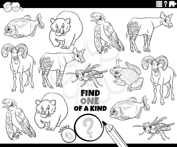 Black and white cartoon illustration of find one of a kind picture educational task with funny animal characters coloring book page