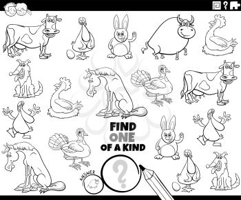 Black and white cartoon illustration of find one of a kind picture educational task with funny farm animal characters coloring book page