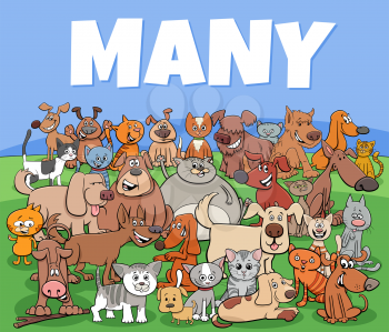 Cartoon illustration of many cats and dogs animal characters group