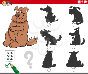 Cartoon illustration of finding the right shadow to the picture educational game for children with fluffy dog animal character