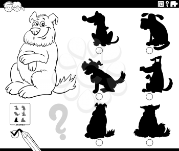 Black and white cartoon illustration of finding the right shadow to the picture educational game for children with fluffy dog animal character coloring book page