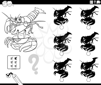 Black and white cartoon illustration of finding the shadow without differences educational game for children with crayfish and crab animal characters coloring book page