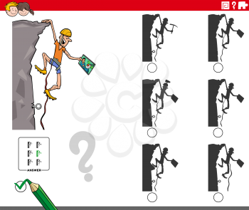 Cartoon illustration of finding the shadow without differences educational game for children with climber character
