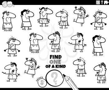 Black and white cartoon illustration of find one of a kind picture educational task for children with funny men characters coloring book page