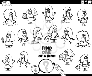 Black and white cartoon illustration of find one of a kind picture educational task for children with funny women characters coloring book page