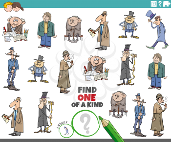 Cartoon illustration of find one of a kind picture educational task for children with comic men characters