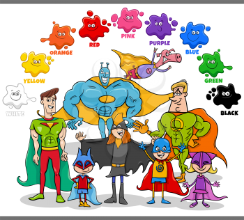 Educational cartoon illustration of basic colors for children with superheroes fantasy characters group