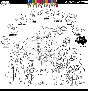 Black and white educational cartoon illustration of basic colors for children with superheroes fantasy characters group coloring book page