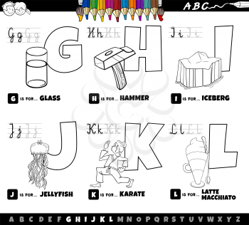 Black and white cartoon illustration of capital letters from alphabet educational set for reading and writing practise for kids from G to L coloring book page