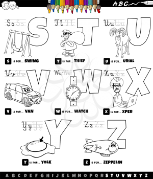 Black and white cartoon illustration of capital letters alphabet educational set for reading and writing practice for elementary age kids from S to Z coloring book page