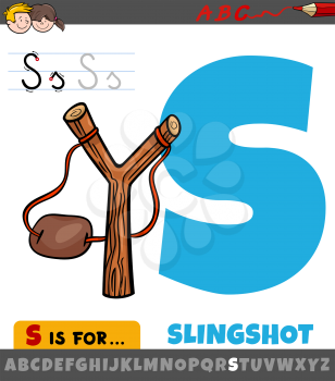 Educational cartoon illustration of letter S from alphabet with slingshot object 