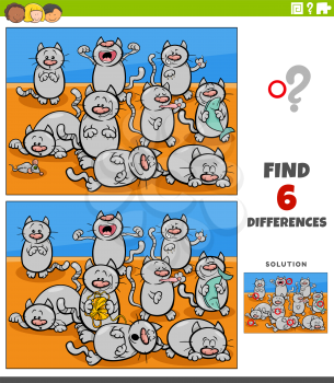 Cartoon illustration of finding the differences between pictures educational game for children with cats animal characters group
