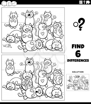 Black and white cartoon illustration of finding the differences between pictures educational game for children with cats animal characters group coloring book page