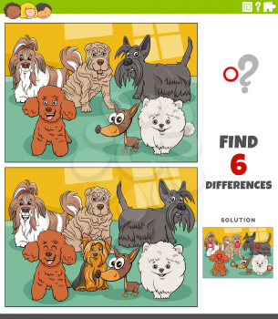 Cartoon illustration of finding the differences between pictures educational game for children with funny purebred dogs animal characters group