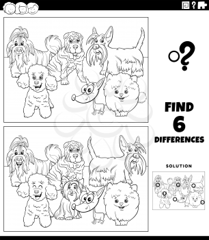 Black and white cartoon illustration of finding the differences between pictures educational game for children with funny purebred dogs animal characters group coloring book page