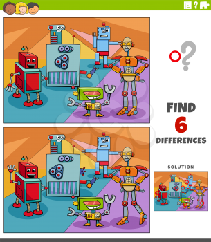 Cartoon illustration of finding the differences between pictures educational game for children with funny robots fantasy characters