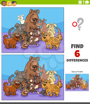 Cartoon illustration of finding the differences between pictures educational game with comic dogs animal characters group