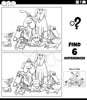 Black and white cartoon illustration of finding the differences between pictures educational game for kids with dogs animal characters group coloring book page