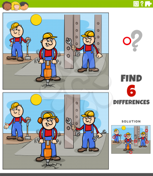 Cartoon illustration of finding the differences between pictures educational game for children with funny workers or builders characters on construction site