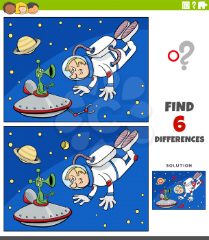 Cartoon illustration of finding the differences between pictures educational game for children with astronaut in space with alien character