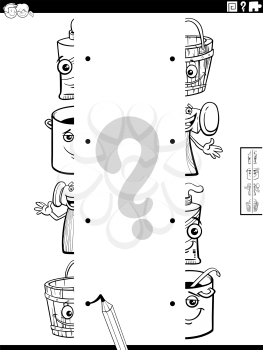 Black and white cartoon illustration of educational game of matching halves of pictures with funny objects characters coloring book page