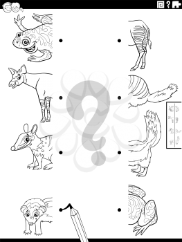 Black and white cartoon illustration of educational game of matching halves of pictures with funny wild animals characters coloring book page