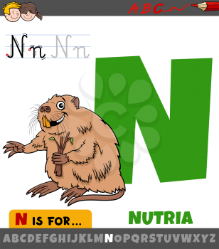 Educational cartoon illustration of letter N from alphabet with nutria animal character