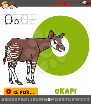 Educational cartoon illustration of letter O from alphabet with okapi animal character