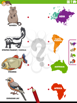 Cartoon illustration of educational matching activity for children with animal species characters and continents