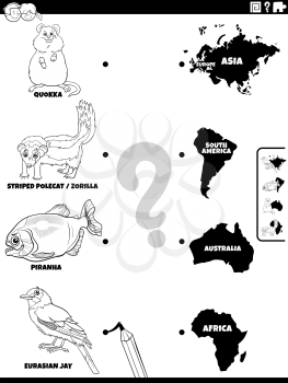 Black and white cartoon illustration of educational matching activity for children with animal species characters and continents coloring book page