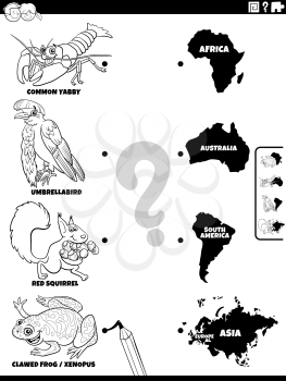 Black and white cartoon illustration of educational matching game for children with animal species characters and continents coloring book page